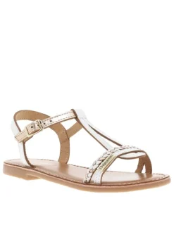 Nu-pieds en cuir blanc et or à talon décroché bas et à boucle à ardillon