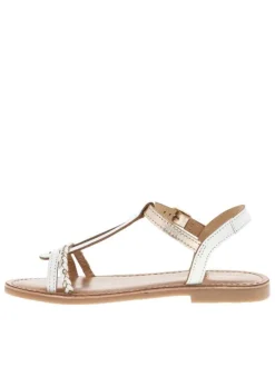 Nu-pieds en cuir blanc et or à talon décroché bas et à boucle à ardillon