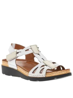 Nu-pieds en cuir blancs et dorés avec talon semi-compensé et bride ajustable