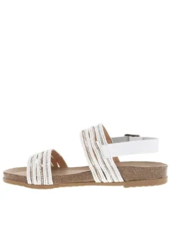 Nu-pieds en cuir blancs à talon plat avec semelle marron et strass brillants