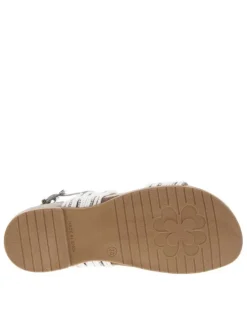 Nu-pieds en cuir blancs à talon plat avec semelle marron et strass brillants