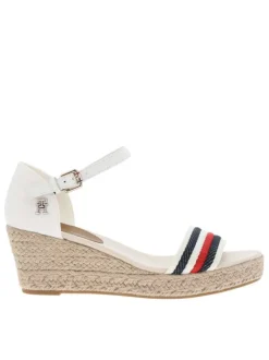 Nu-pieds en cuir blanc à talon compensé et à boucle à ardillon