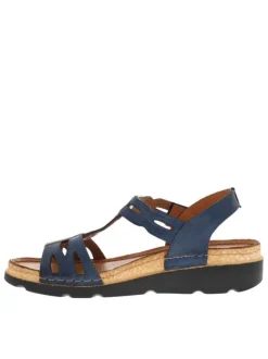 Nu-pieds en cuir bleu marine à bande auto-agrippante et à talon semi-compensé