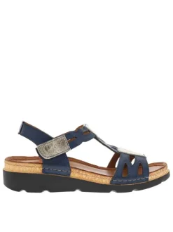 Nu-pieds en cuir bleu marine à bande auto-agrippante et à talon semi-compensé