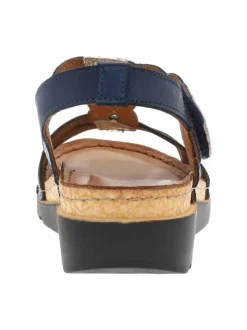 Nu-pieds en cuir bleu marine à bande auto-agrippante et à talon semi-compensé