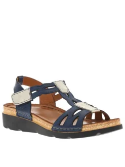 Nu-pieds en cuir bleu marine à bande auto-agrippante et à talon semi-compensé