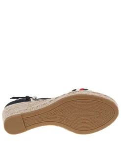 Nu-pieds en cuir bleu marine à talon compensé et à boucle à ardillon