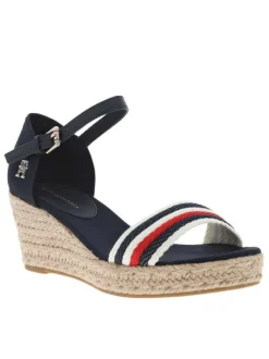 Nu-pieds en cuir bleu marine à talon compensé et à boucle à ardillon