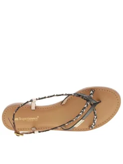 Nu-pieds en cuir doré et noir à boucle à ardillon et talon décroché bas