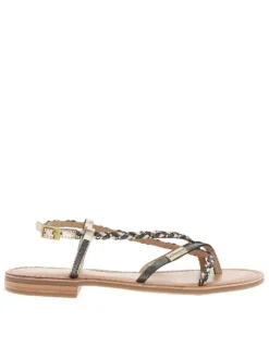 Nu-pieds en cuir doré et noir à boucle à ardillon et talon décroché bas