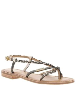 Nu-pieds en cuir doré et noir à boucle à ardillon et talon décroché bas