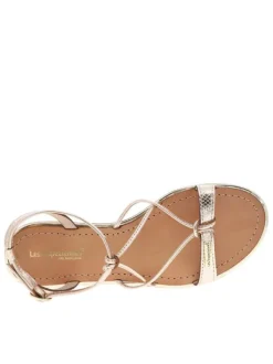 Nu-pieds en cuir doré et serpent à boucle à ardillon et trépointe dorée vernie