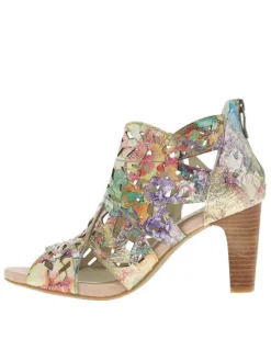 Nu-pieds en cuir à imprimé multicolore à talon haut stiletto et à zip arrière