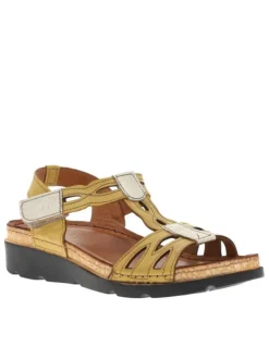Nu-pieds en cuir jaunes avec une bande auto-agrippante et un talon semi-compensé