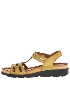 Nu-pieds en cuir jaunes avec une bande auto-agrippante et un talon semi-compensé