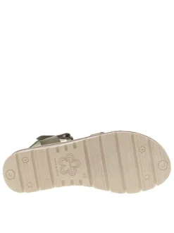 Nu-pieds en cuir kaki avec talon compensé bas et une bande auto-agrippante