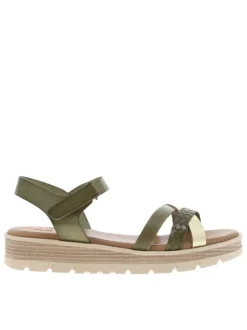 Nu-pieds en cuir kaki avec talon compensé bas et une bande auto-agrippante