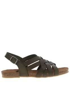 Nu-pieds en cuir kaki à semelle ergonomique plate et bande auto-agrippante