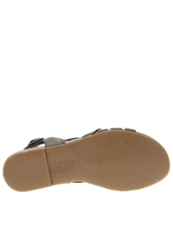 Nu-pieds en cuir kaki à semelle ergonomique plate et bande auto-agrippante