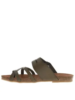 Nu-pieds en cuir kaki à semelle ergonomique plate et double boucles à ardillon