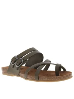 Nu-pieds en cuir kaki à semelle ergonomique plate et double boucles à ardillon