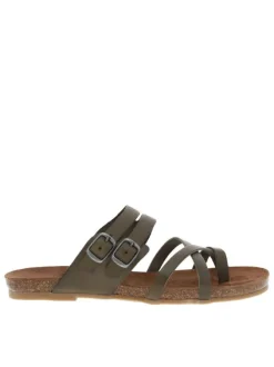Nu-pieds en cuir kaki à semelle ergonomique plate et double boucles à ardillon