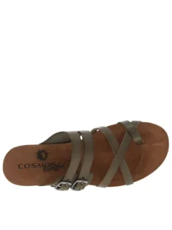 Nu-pieds en cuir kaki à semelle ergonomique plate et double boucles à ardillon