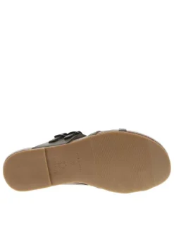 Nu-pieds en cuir kaki à semelle ergonomique plate et double boucles à ardillon