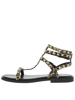Nu-pieds en cuir léopard avec des clous dorés et à talon décroché bas