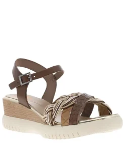 Nu-pieds en cuir moka à talon compensé avec boucle à ardillon