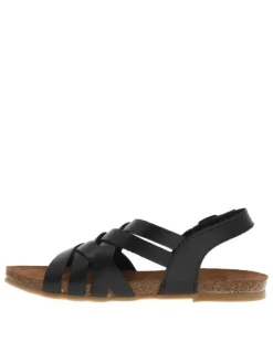Nu-pieds en cuir noir à semelle ergonomique plate et bande auto-agrippante