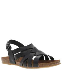 Nu-pieds en cuir noir à semelle ergonomique plate et bande auto-agrippante