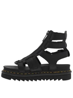 Nu-pieds en cuir noir à semelle semi-compensée, zip frontal et boucle à ardillon