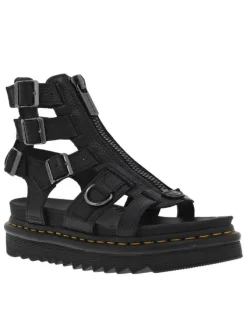 Nu-pieds en cuir noir à semelle semi-compensée, zip frontal et boucle à ardillon