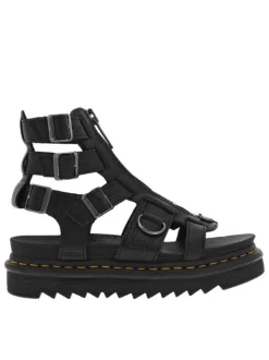Nu-pieds en cuir noir à semelle semi-compensée, zip frontal et boucle à ardillon