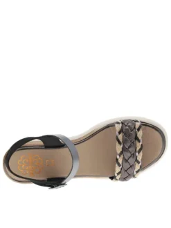Nu-pieds en cuir noirs et beiges à talon compensé avec boucle à ardillon