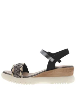 Nu-pieds en cuir noirs et beiges à talon compensé avec boucle à ardillon