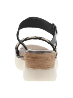 Nu-pieds en cuir noirs et beiges à talon compensé avec boucle à ardillon