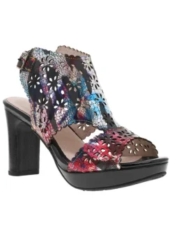 Nu-pieds en cuir noirs à talon décroché haut et à motif floral multicolore