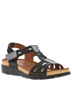 Nu-pieds en cuir noirs à talon semi-compensé et à bande auto-agrippante