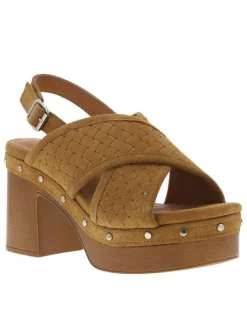 Nu-pieds en cuir nubuck caramel à talon décroché haut et boucle à ardillon