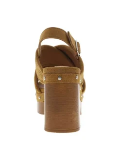 Nu-pieds en cuir nubuck caramel à talon décroché haut et boucle à ardillon
