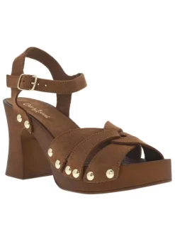 Nu-pieds en cuir nubuck marron avec un talon décroché haut et boucle à ardillon