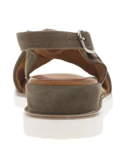 Nu-pieds en cuir nubuck taupe avec boucle à ardillon et talon semi-compensée