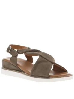 Nu-pieds en cuir nubuck taupe avec boucle à ardillon et talon semi-compensée