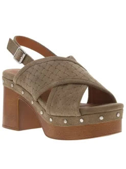 Nu-pieds en cuir nubuck taupe à talon décroché haut et boucle à ardillon