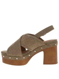 Nu-pieds en cuir nubuck taupe à talon décroché haut et boucle à ardillon