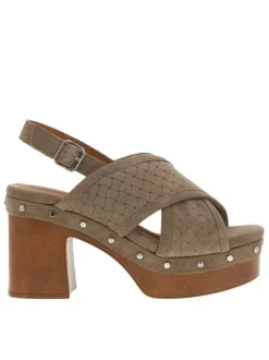 Nu-pieds en cuir nubuck taupe à talon décroché haut et boucle à ardillon