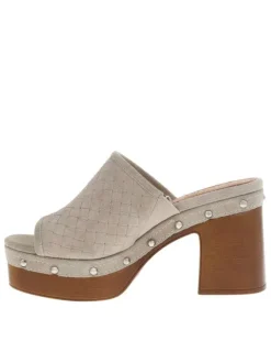 Nu-pieds en cuir nubuck tressé blanc cassé à semelle aspect boisé et talon haut