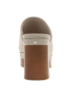 Nu-pieds en cuir nubuck tressé blanc cassé à semelle aspect boisé et talon haut
